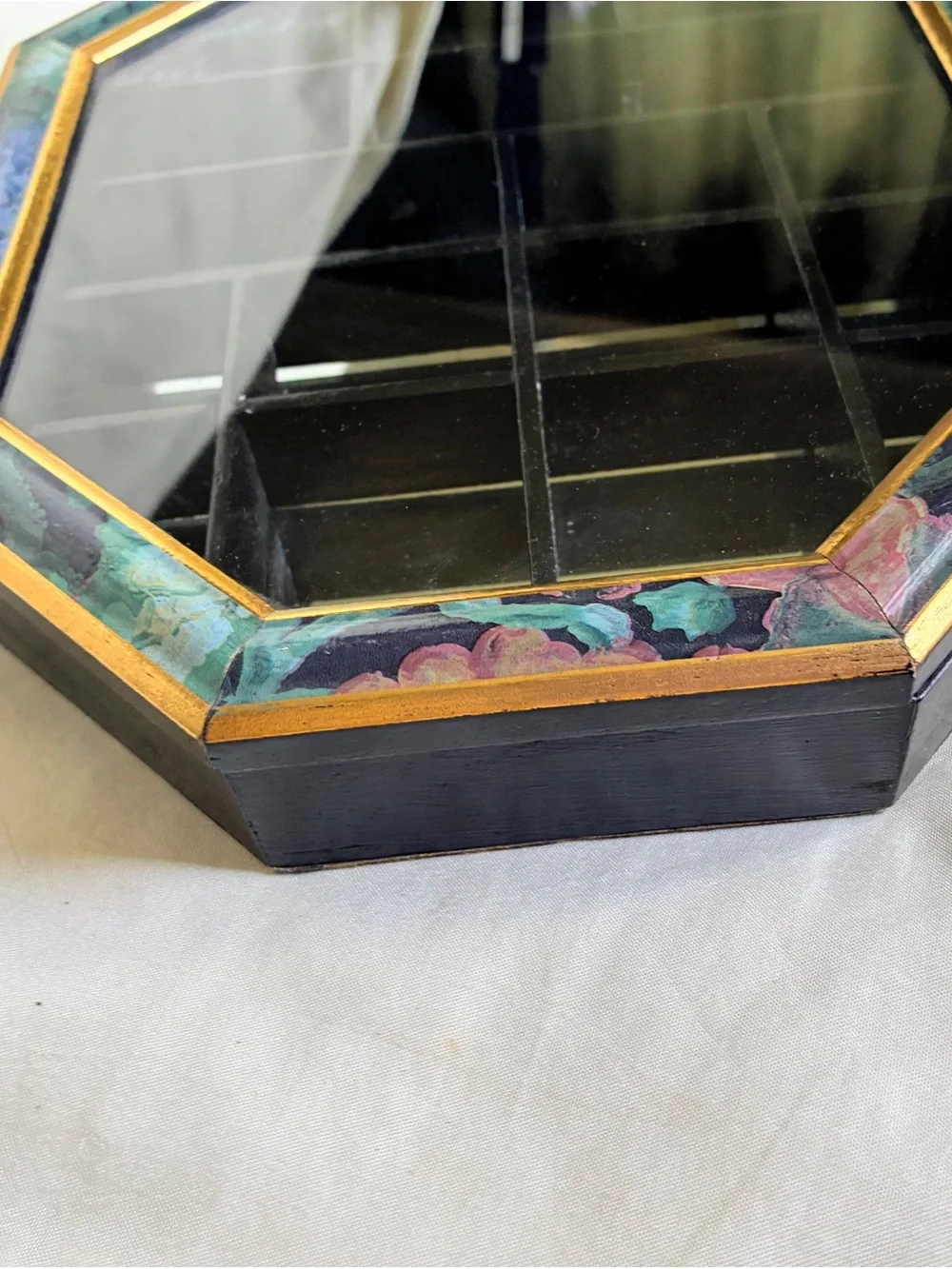 Octagon Display Case With mirror with colorful floral patterned frame